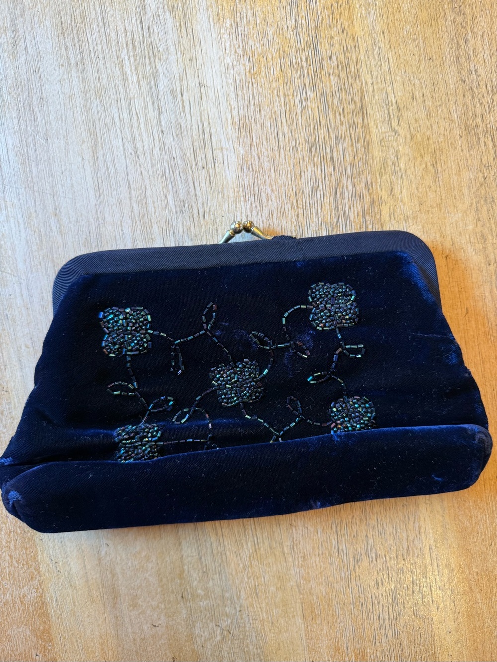 Navy Velvet Beaded Frame Clutch